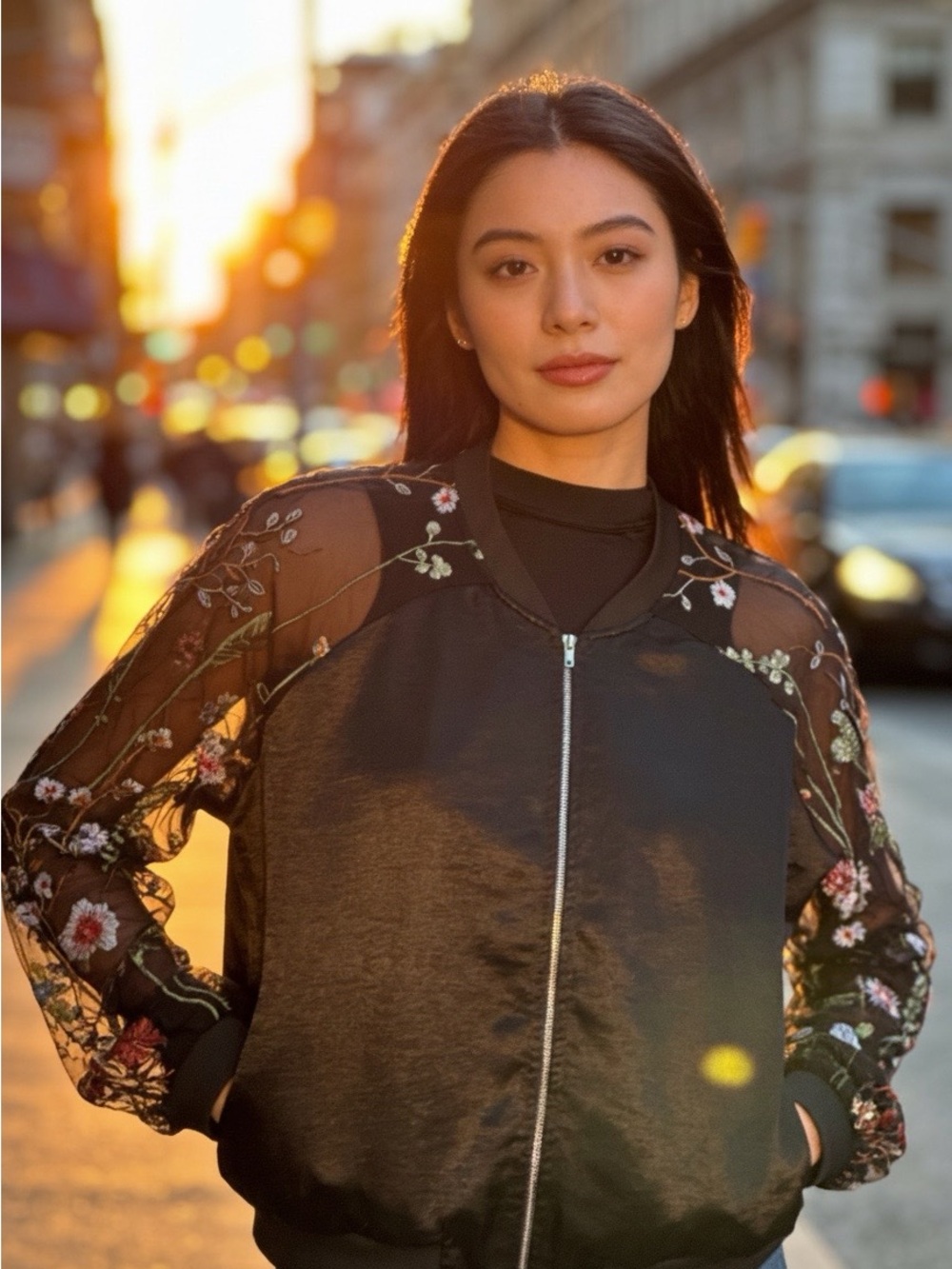 Guess Black Bomber Jacket with Floral Embroidered Sheer Sleeves